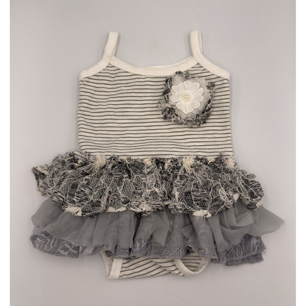 Ganz Baby Girl Striped Diaper Shirt Tutu One Piece 0-6M Gray White Lace